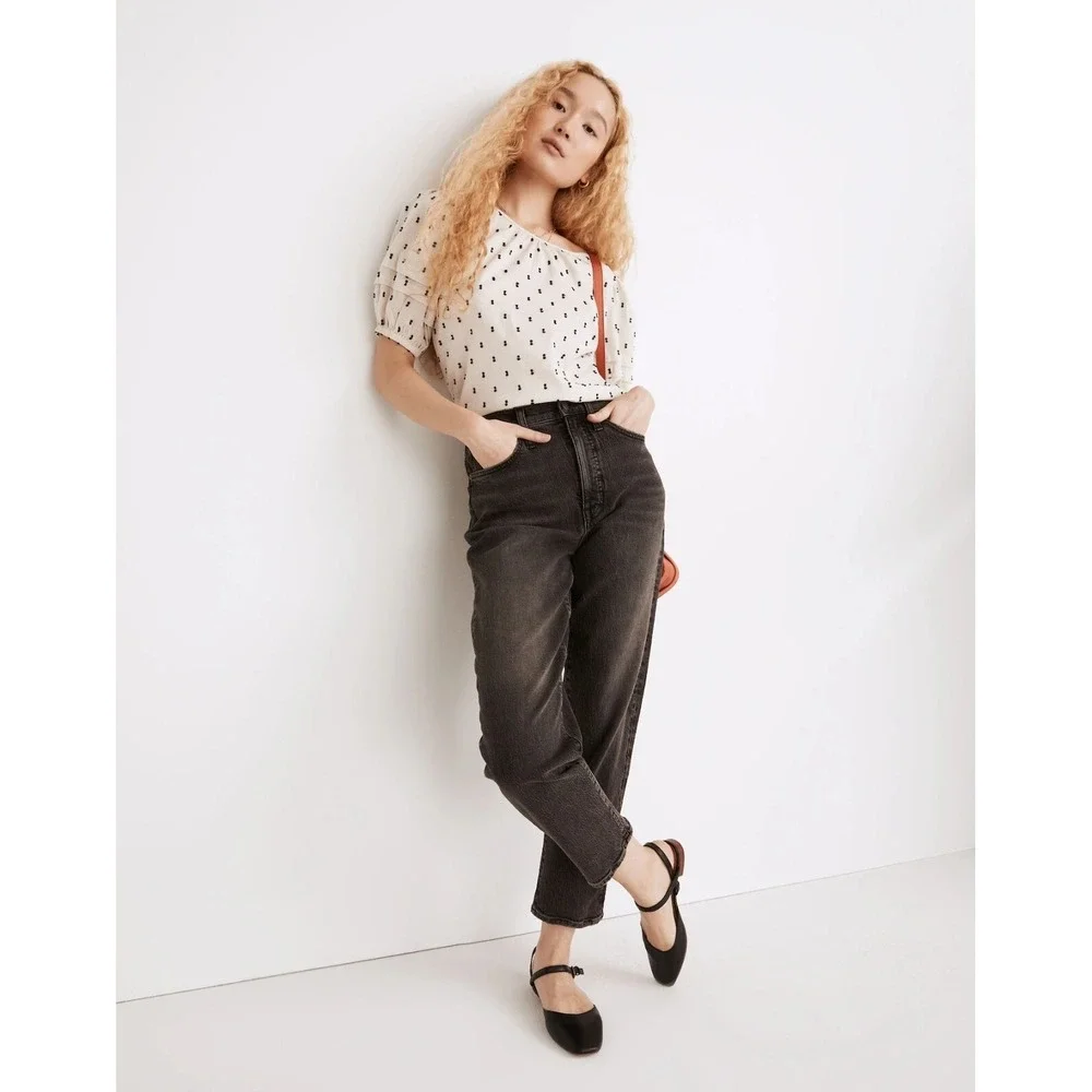Madewell Tie-Back Puff-Sleeve Top in Clip‎ Dot XL Neutral Classic Minimalist